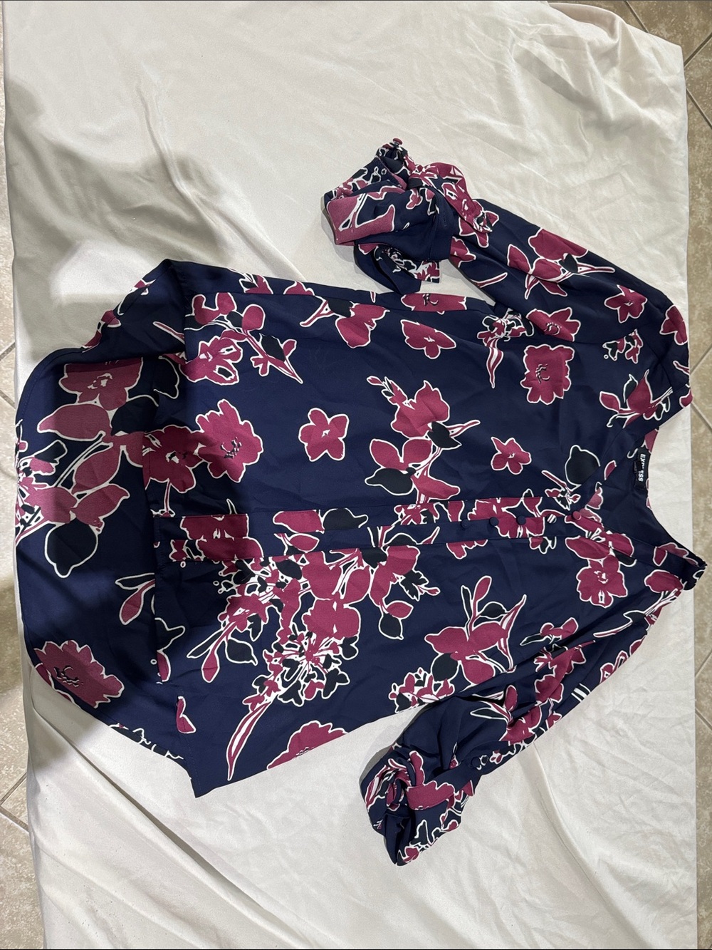Express Navy Button-Down Shirt with Magenta Floral Print